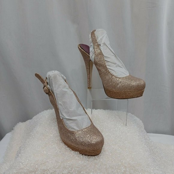 Madden Girl Sookiee Shoes Size 8.5 Gold Glitter Sling Back Platform Heels Pumps - Picture 1 of 10